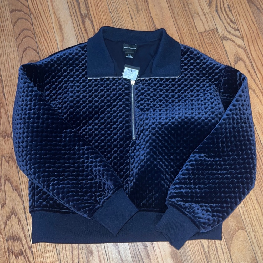 Club Monaco navy blue quilted velvet quarter zip up